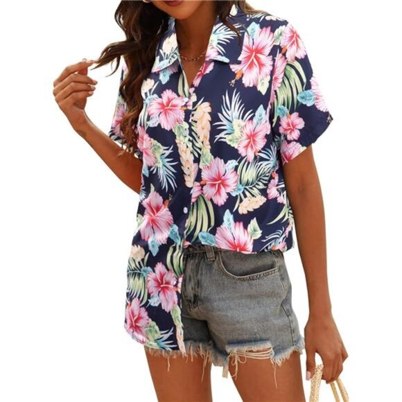 Women Hawaiian Shirt Soft Cool Summer Hawaii Shirts Floral Tropic Print - Picture 4 of 6